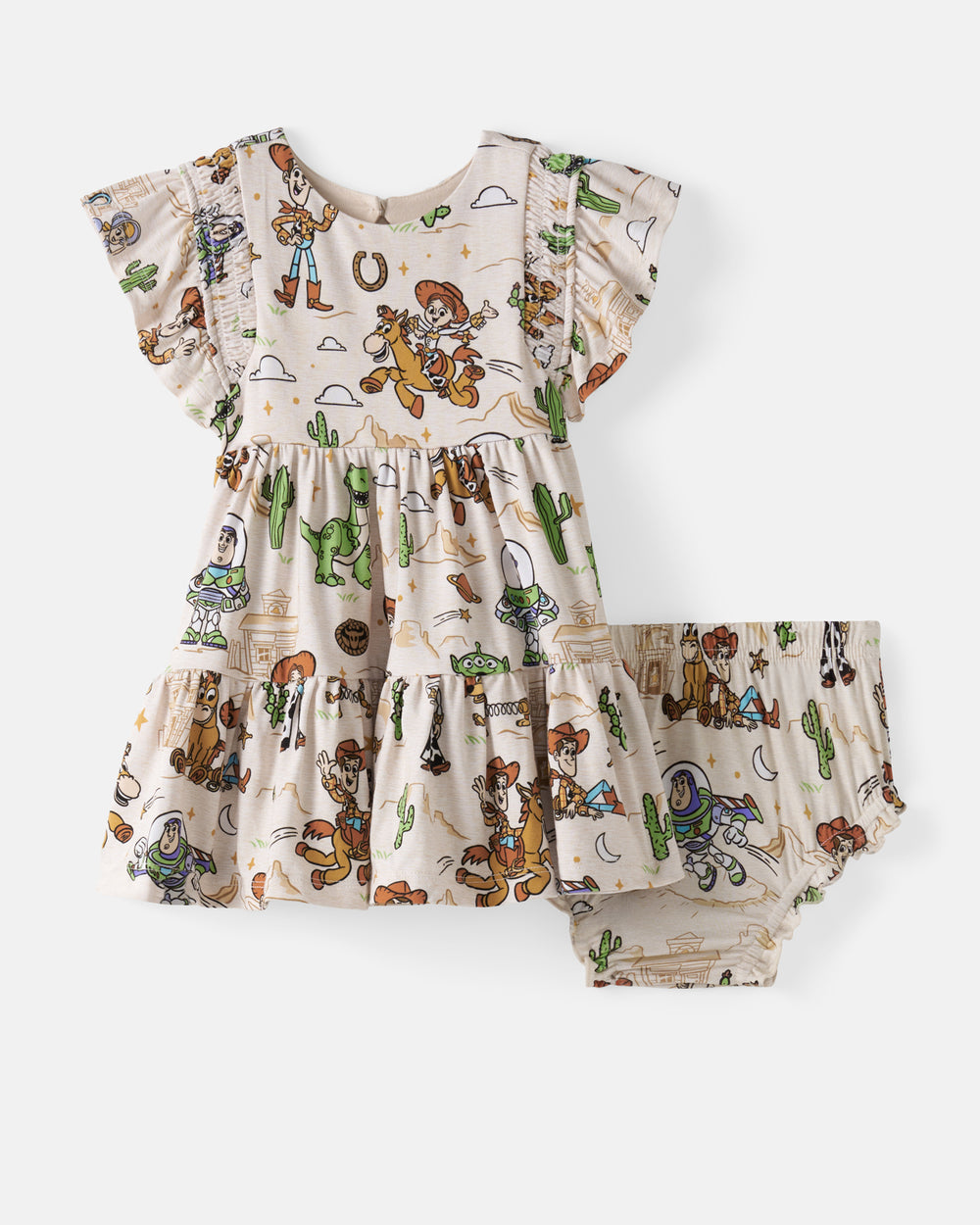 Flat lay of the Disney & Pixar Woody's Wild West Tiered Flutter Dress with Bloomer