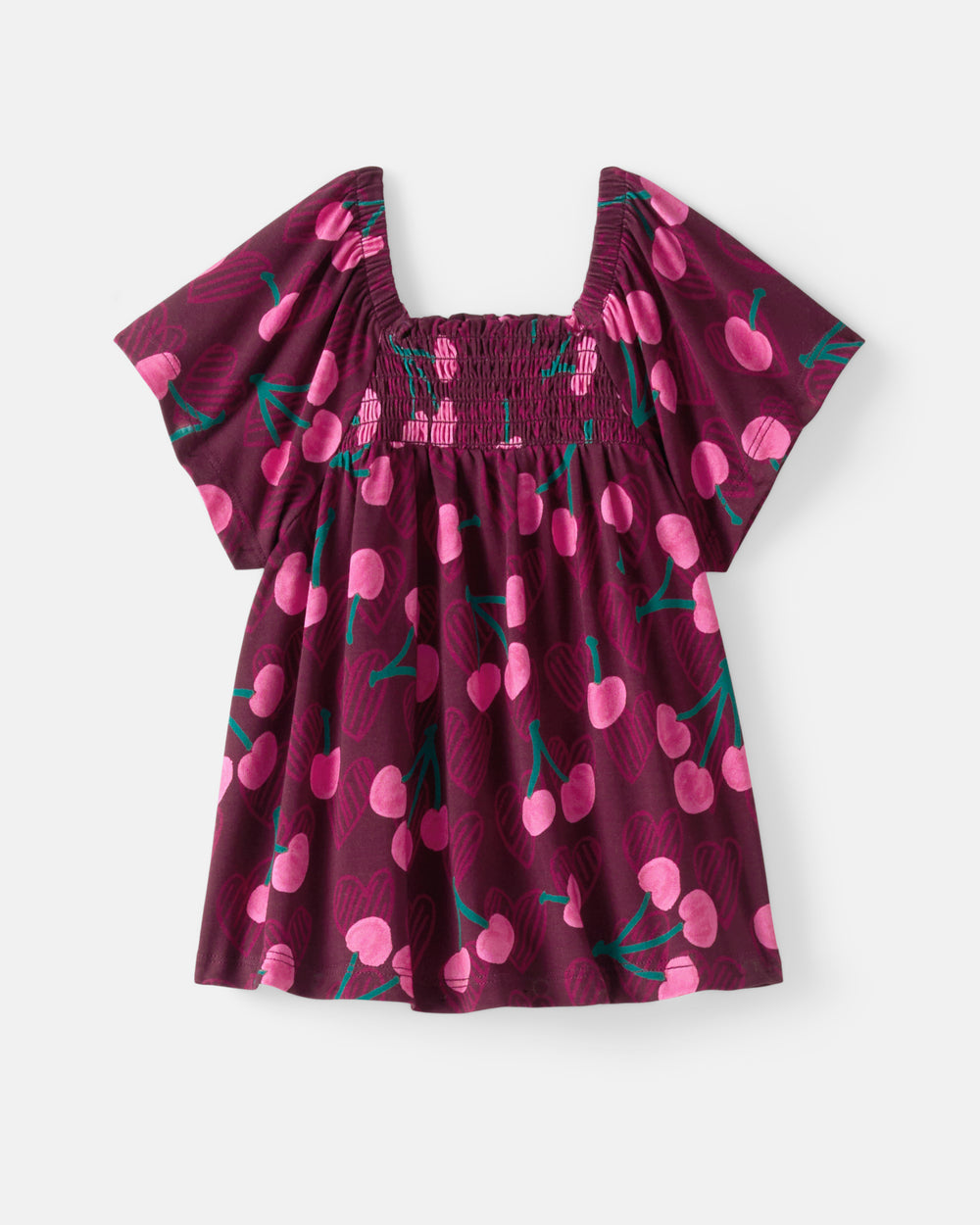 Flat lay of the Cherry Charm Smocked Flutter Top