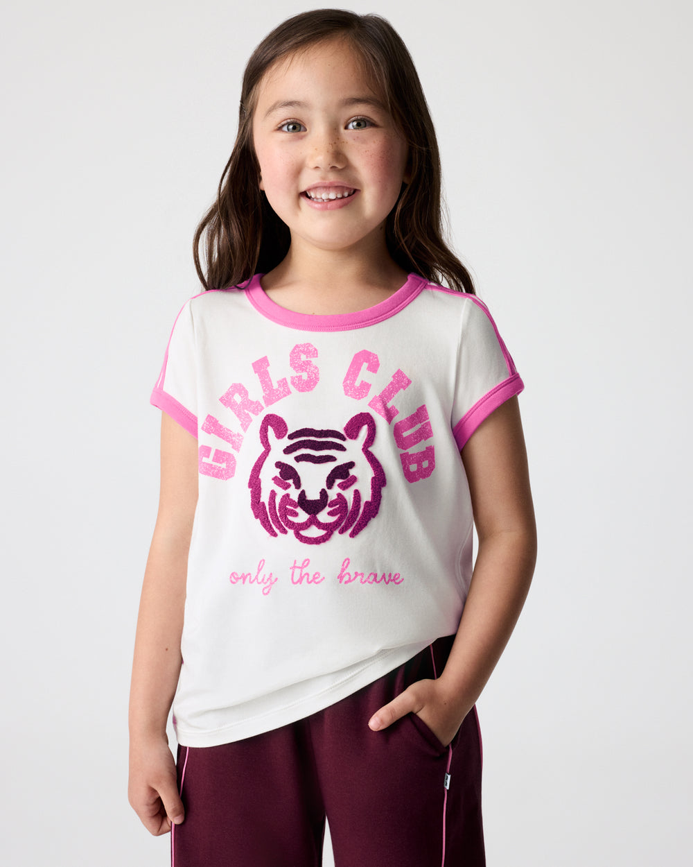 Girl wearing the Brave Tiger Scoop Neck Tee