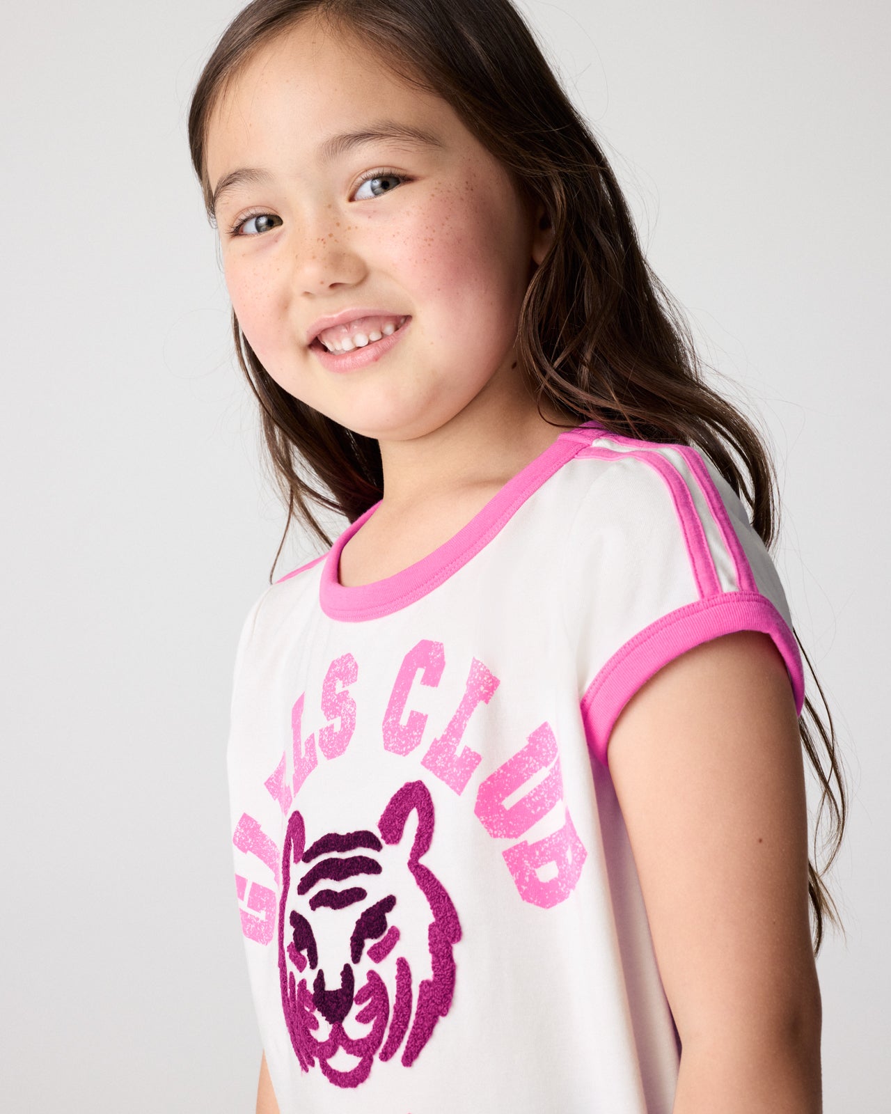 Close up of girl wearing the Brave Tiger Scoop Neck Tee