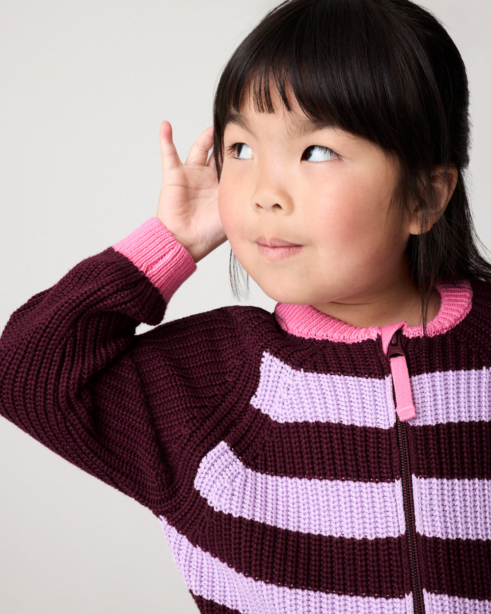Close up of girl wearing the Powder Lilac Stripe Bomber Jacket