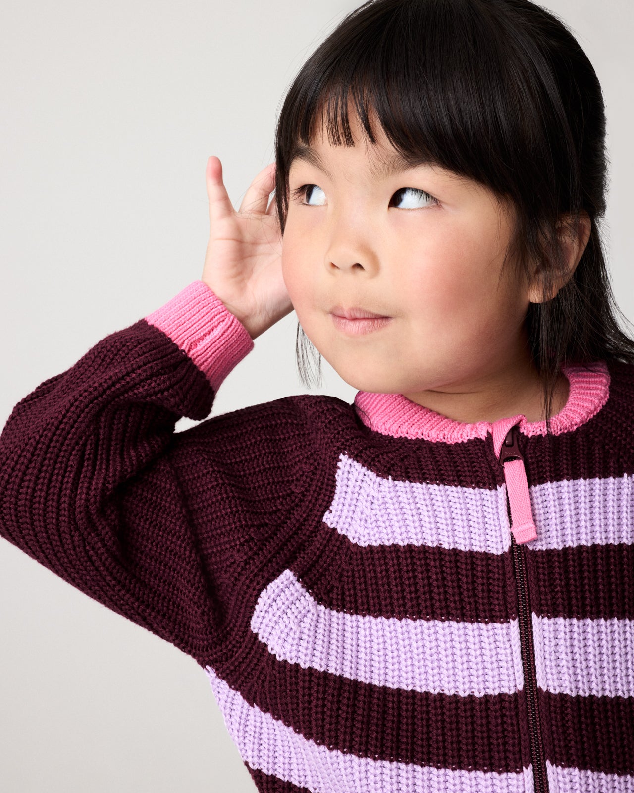Close up of girl wearing the Powder Lilac Stripe Bomber Jacket