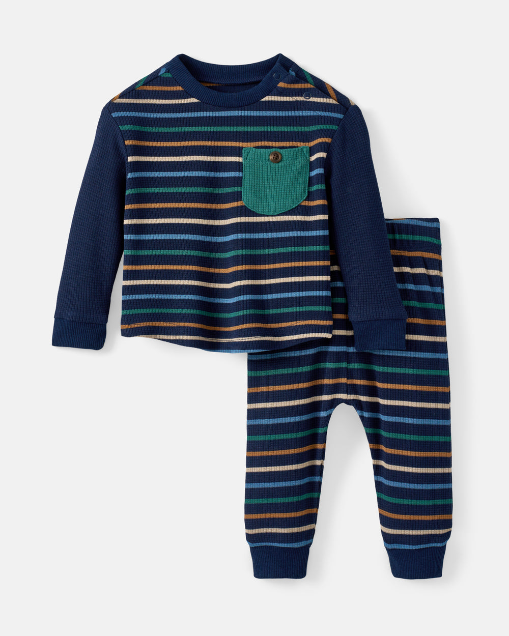 A two-piece baby waffle knit set featuring a long-sleeve top and matching pants. The top has horizontal stripes in teal, navy, burnt orange and cream, with a solid navy blue sleeve and a green chest pocket.
