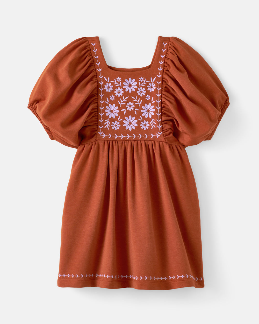 A terracotta orange short-sleeve dress with puff sleeves and floral embroidery on the bodice, displayed against a light gray background.