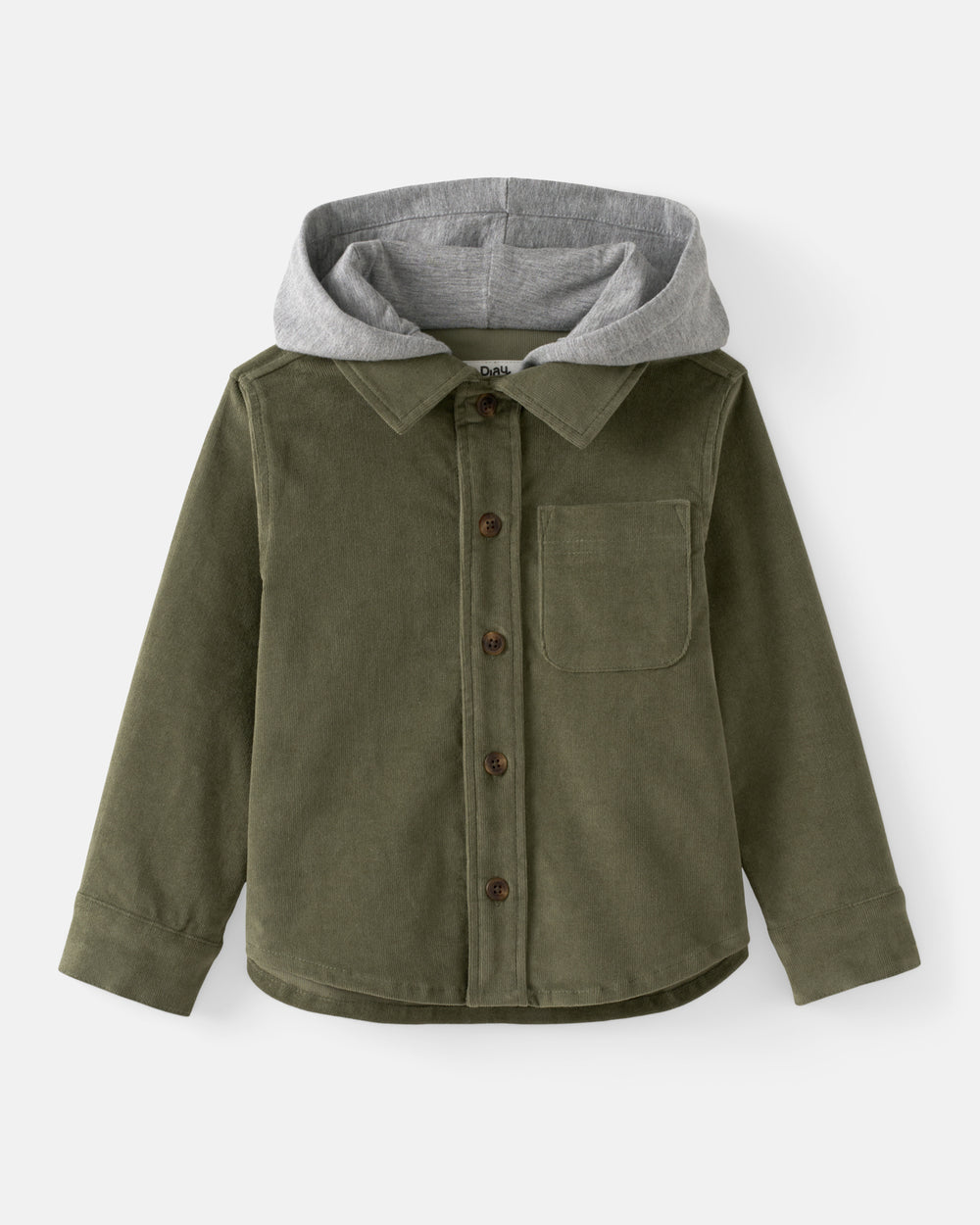 An olive green button-up shirt jacket with a gray hood, displayed on a clean white background.