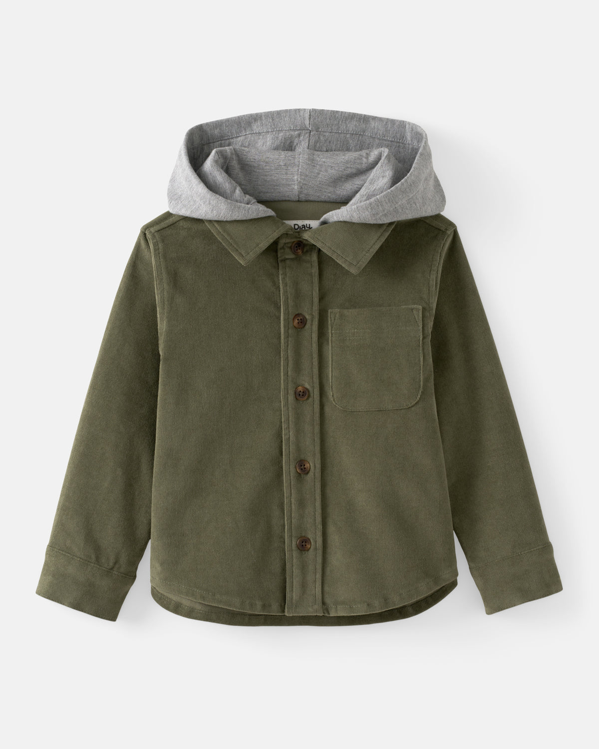 An olive green button-up shirt jacket with a gray hood, displayed on a clean white background.