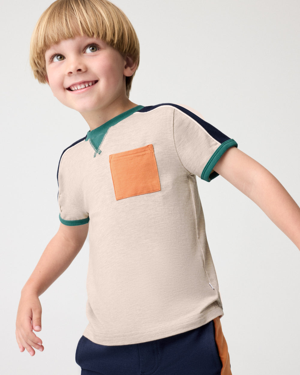 Boy wearing the Linen Heather Relaxed Pocket Tee