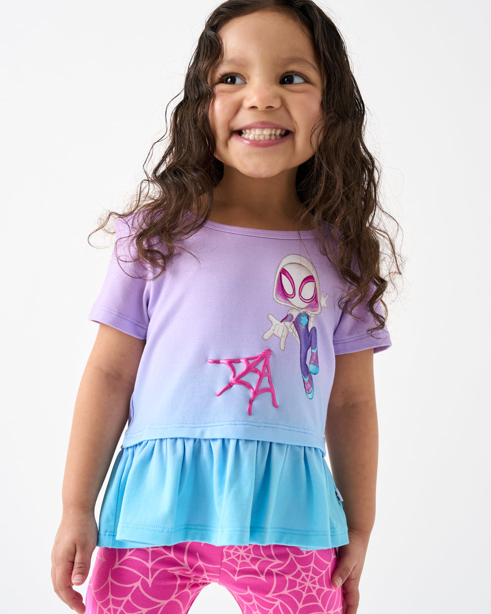 Close up of girl wearing the Spidey & Friends Ghost Spidey Peplum Top