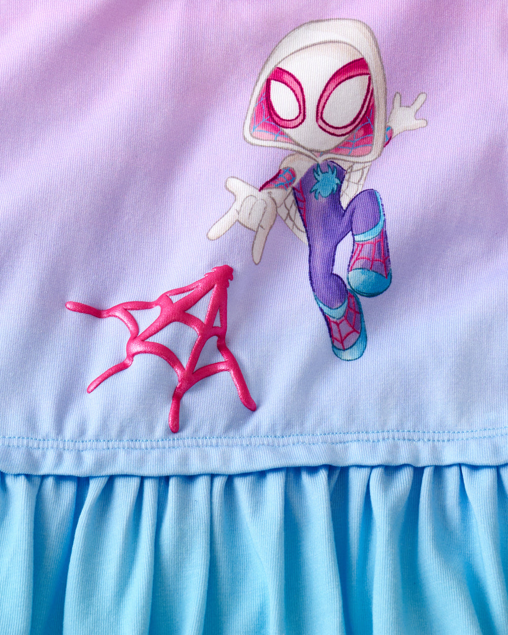 Close up of the graphic detail on the Spidey & Friends Ghost Spidey Peplum Top