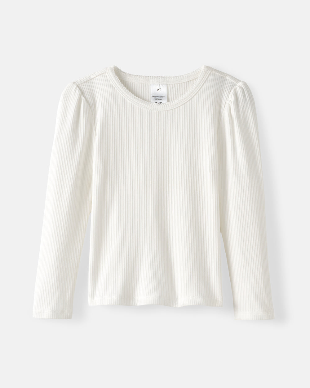 An off-white ribbed long-sleeve top with puffed shoulders, displayed flat against a light gray background.