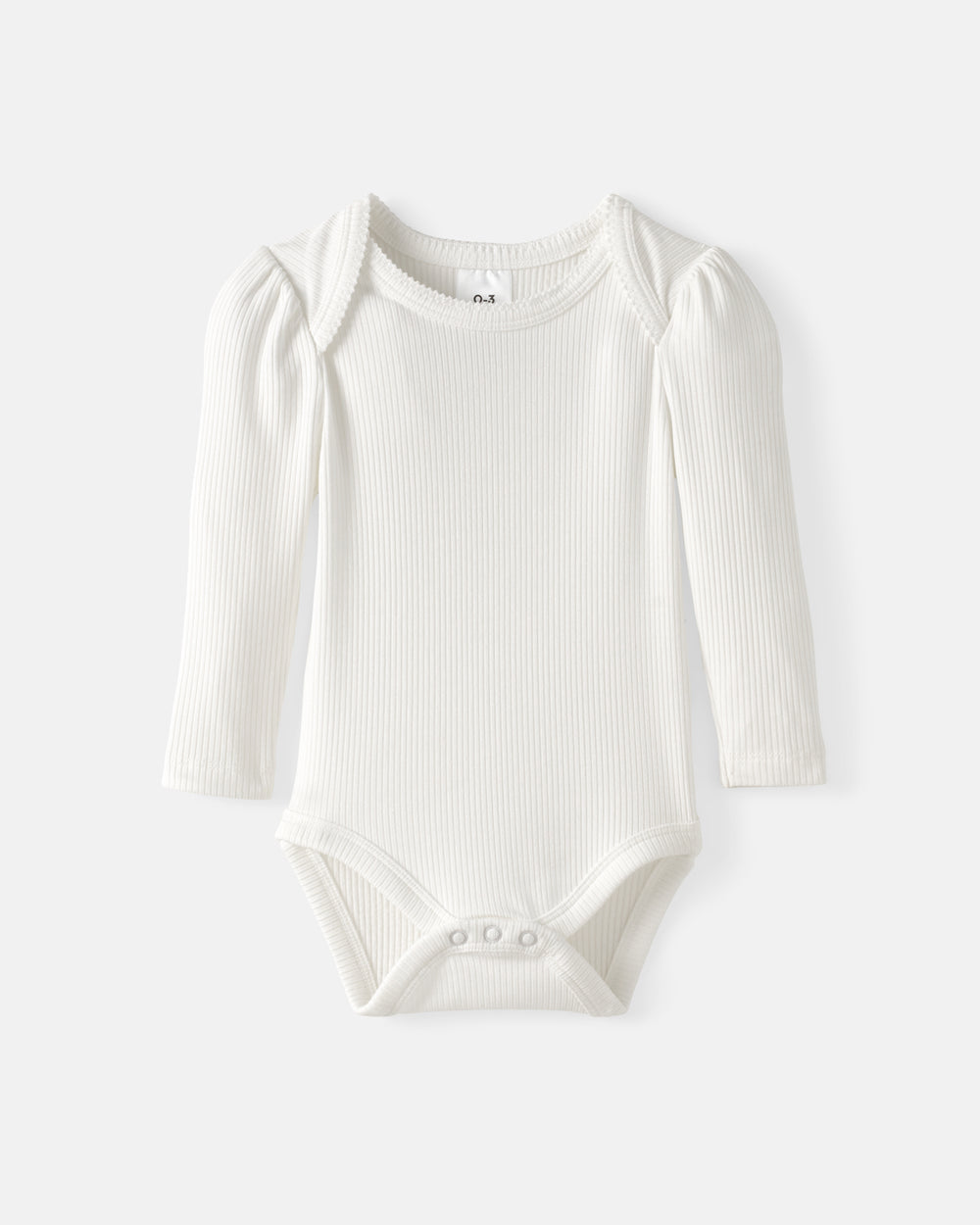 A long-sleeve ribbed knit baby bodysuit in off-white, featuring puffed shoulders and three-button snap closure at the crotch, shown on a light gray background.