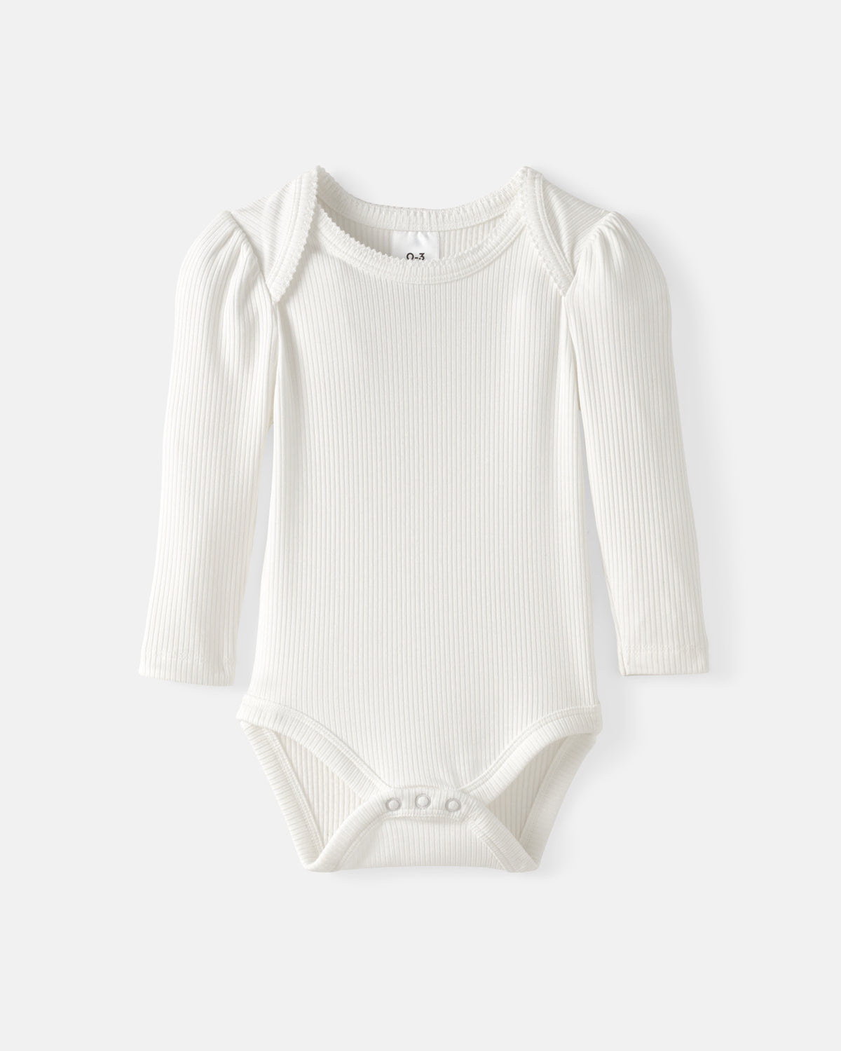 A long-sleeve ribbed knit baby bodysuit in off-white, featuring puffed shoulders and three-button snap closure at the crotch, shown on a light gray background.