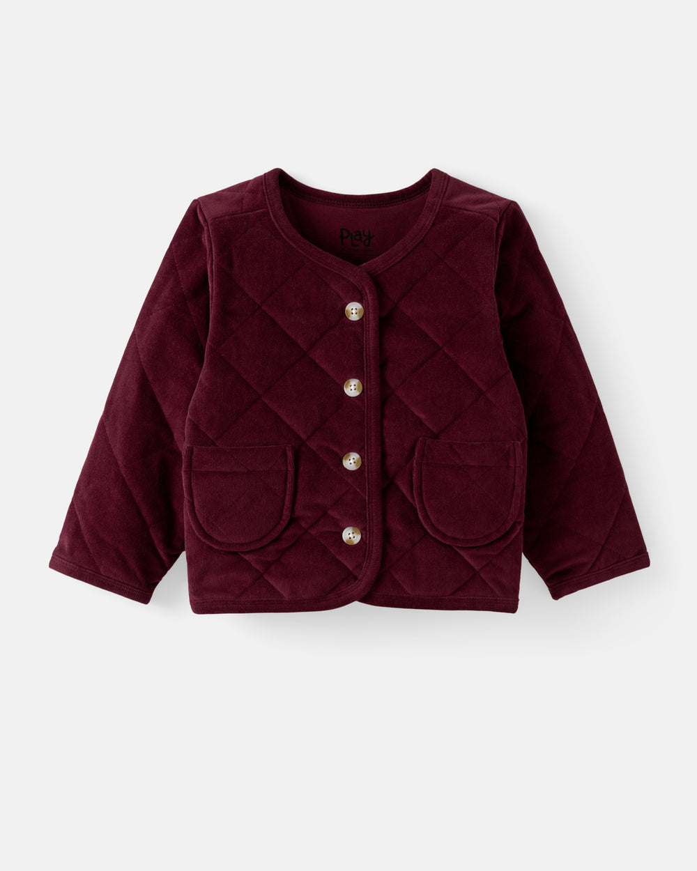 A burgundy quilted jacket for toddlers, featuring a round neckline, buttons, and two front patch pockets, shown against a light gray background.
