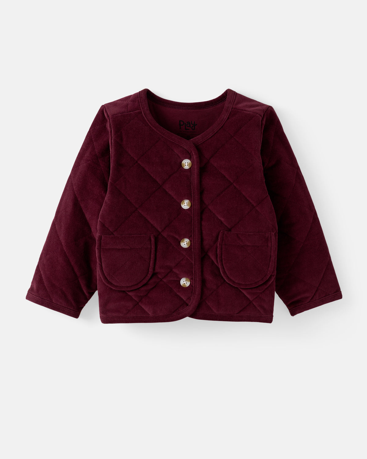 A burgundy quilted jacket for toddlers, featuring a round neckline, buttons, and two front patch pockets, shown against a light gray background.