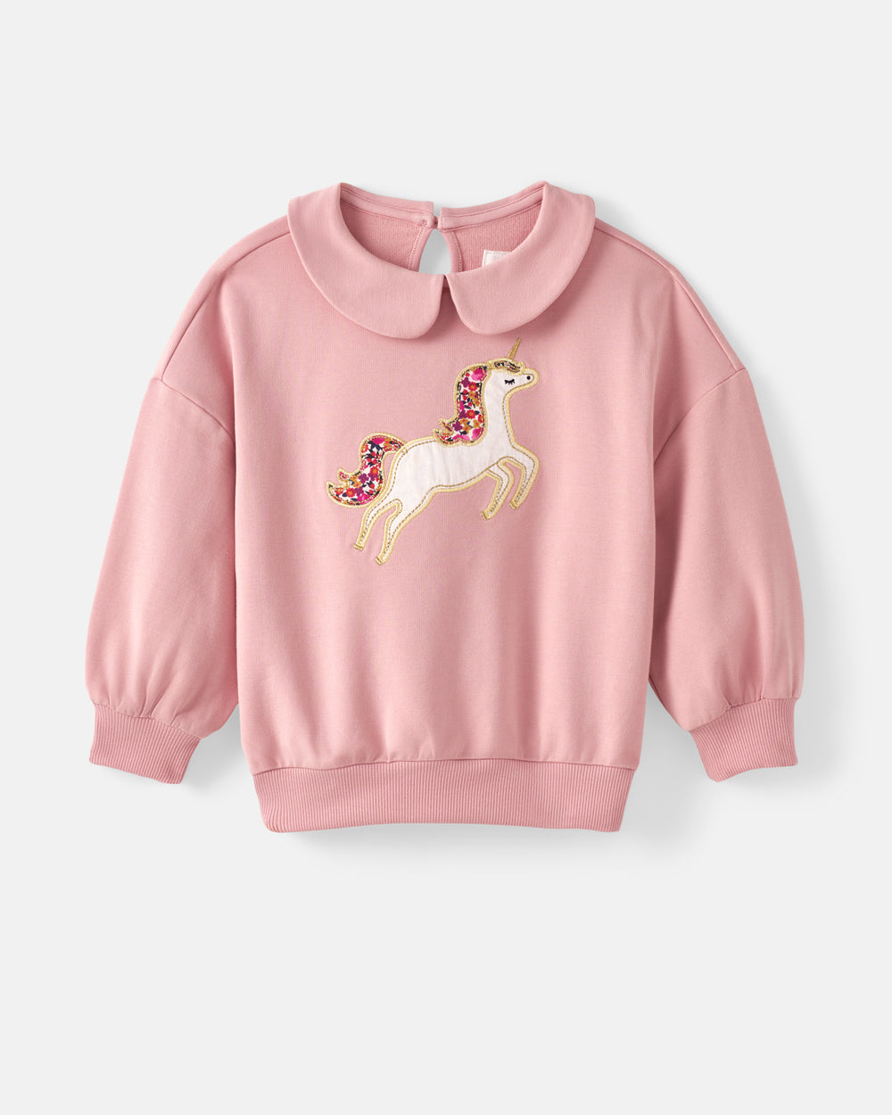 A pink long-sleeve sweatshirt for kids, featuring a white embroidered unicorn with a pink and gold mane and tail on the front, set against a light gray background.