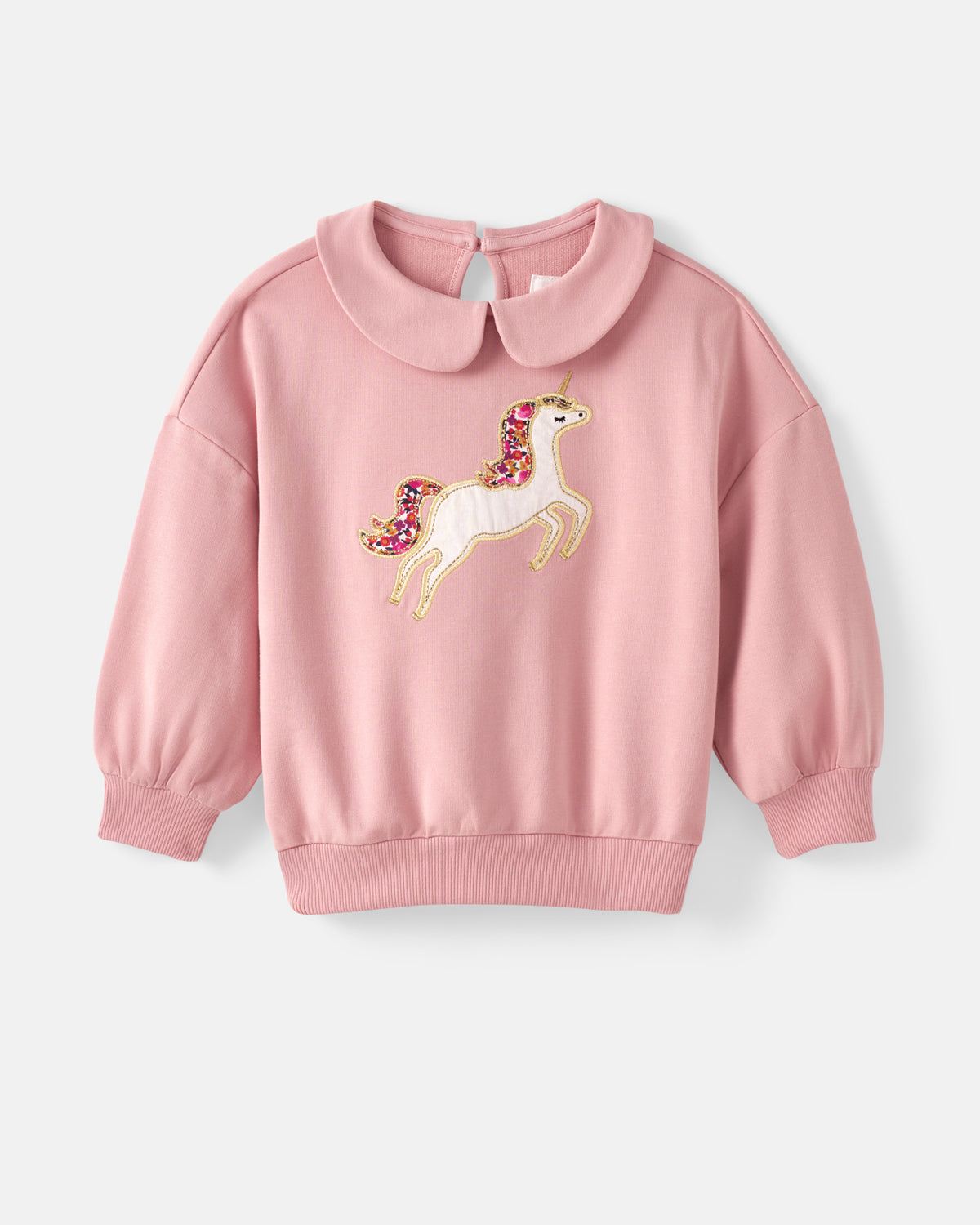 A pink long-sleeve sweatshirt for kids, featuring a white embroidered unicorn with a pink and gold mane and tail on the front, set against a light gray background.