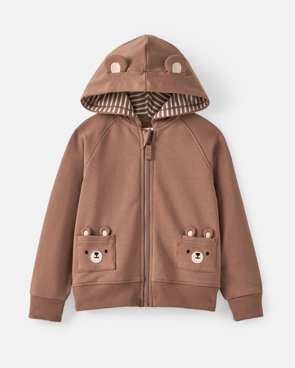A child's brown zip-up hoodie with bear-themed details, featuring a hood with bear ears and a striped lining, and two front pockets with bear face embroidery.