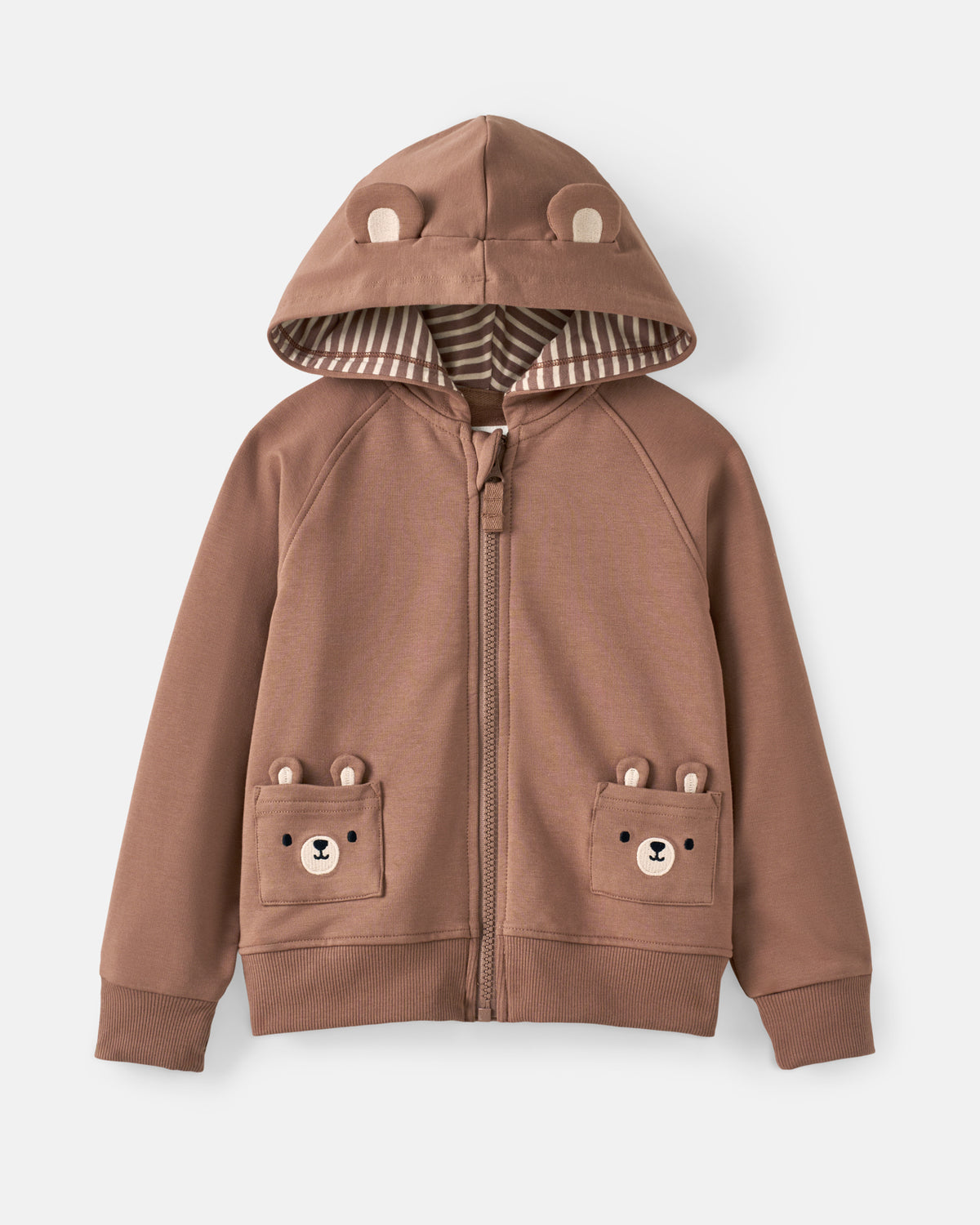 A child's brown zip-up hoodie with bear-themed details, featuring a hood with bear ears and a striped lining, and two front pockets with bear face embroidery.