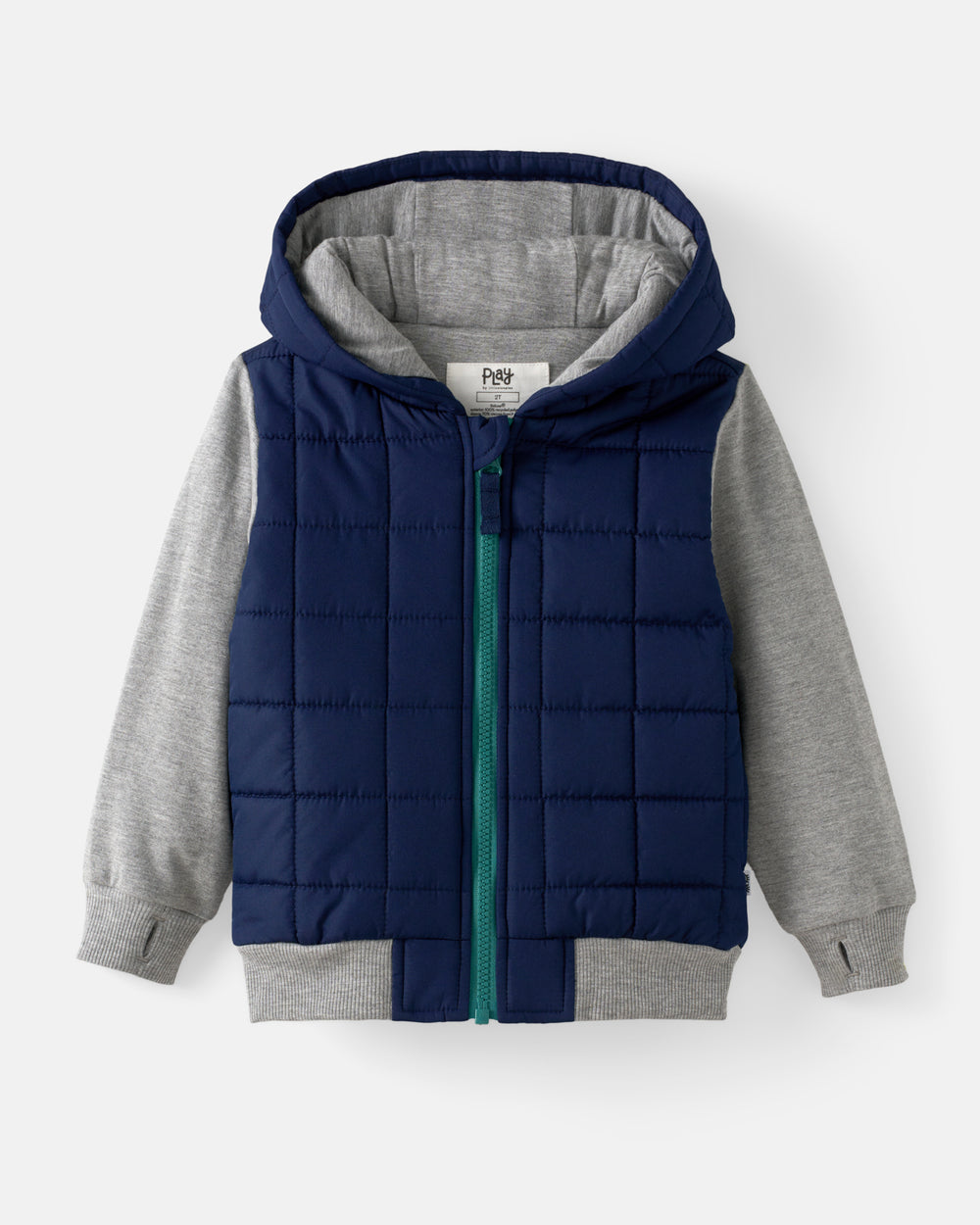 A navy blue quilted puffer jacket with a hood, featuring a teal zipper and heather gray sleeves and ribbed cuffs, shown on a light gray background.
