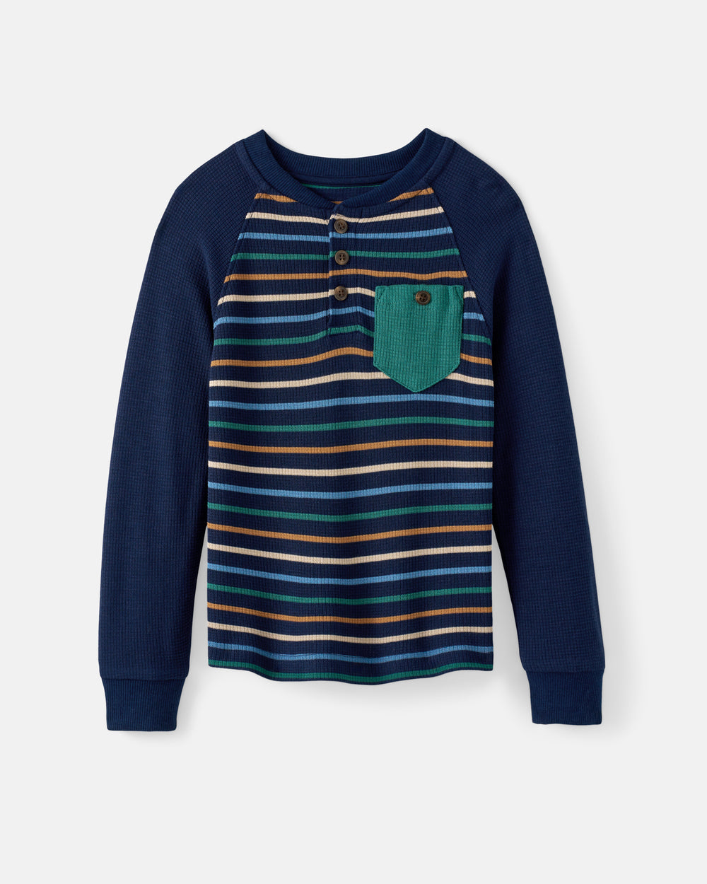 A long-sleeve raglan henley shirt for kids, featuring a solid navy blue body and sleeves, a multi-colored striped chest panel with blue, green, orange, and beige stripes, and a green chest pocket with a button closure.