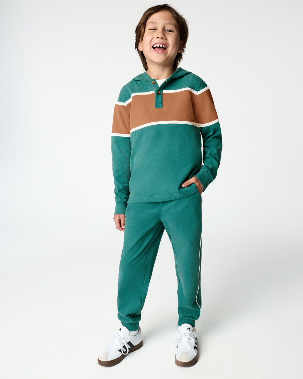 Boy wearing the Emerald Isle Henley Hoodie and Jogger Set