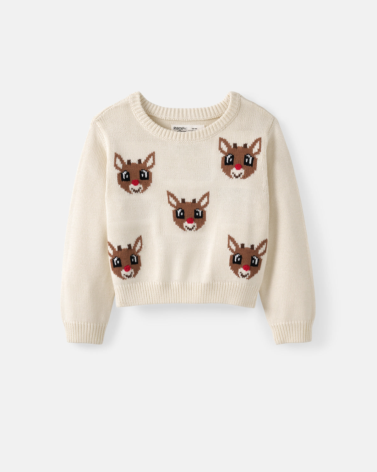 An off-white knit sweater featuring five reindeer faces on the front, displayed against a light gray background.