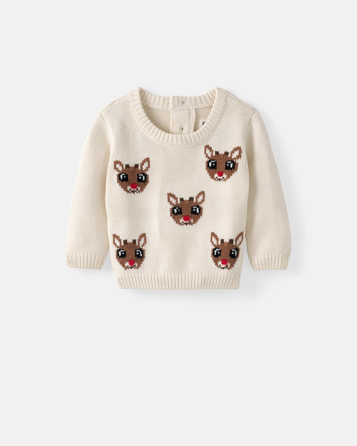A cream-colored knit sweater for babies, featuring five brown cartoon reindeer faces.