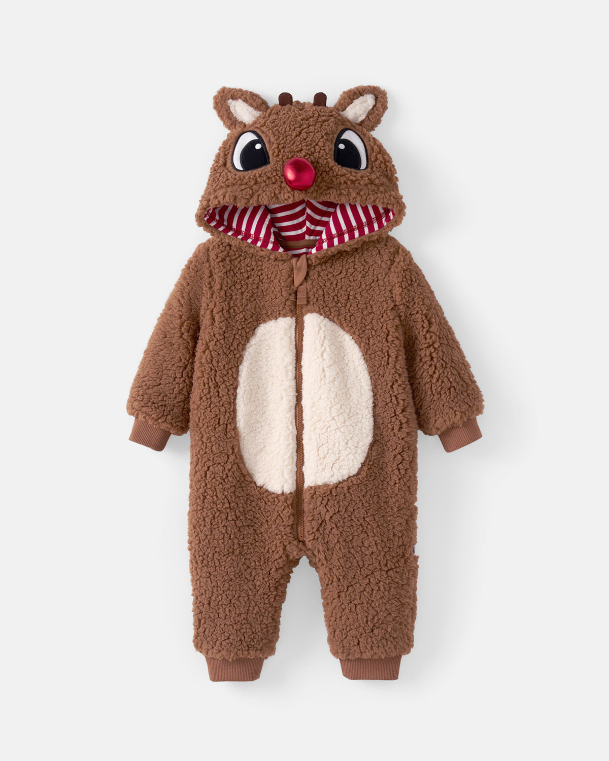 A toddler's brown teddy fleece hooded onesie designed like a reindeer, featuring a red striped hood lining, a red nose, and a cream-colored belly patch, shown against a light gray background.