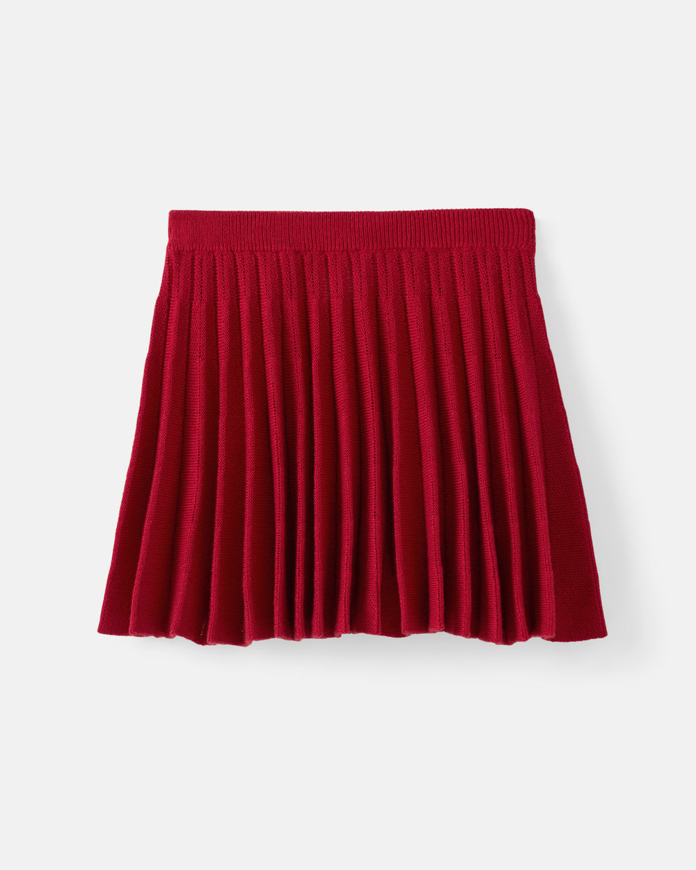 A red pleated knit mini skirt with an elastic waistband, shown flat against a light gray background.