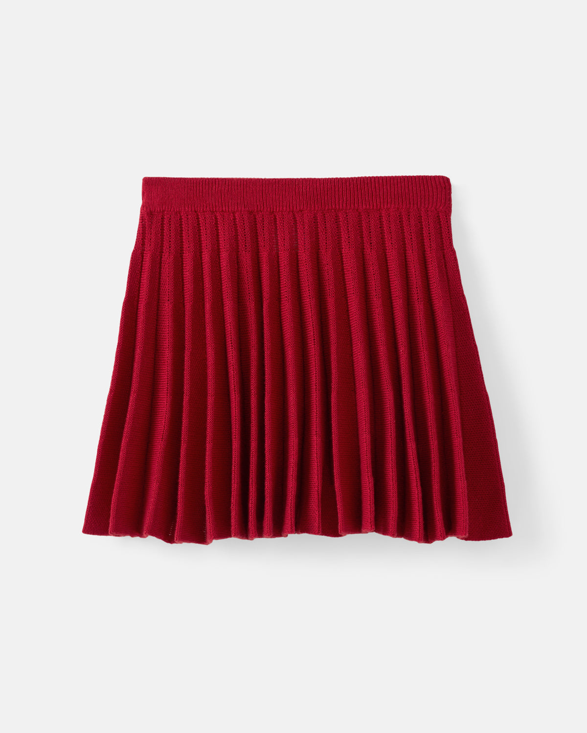A red pleated knit mini skirt with an elastic waistband, shown flat against a light gray background.