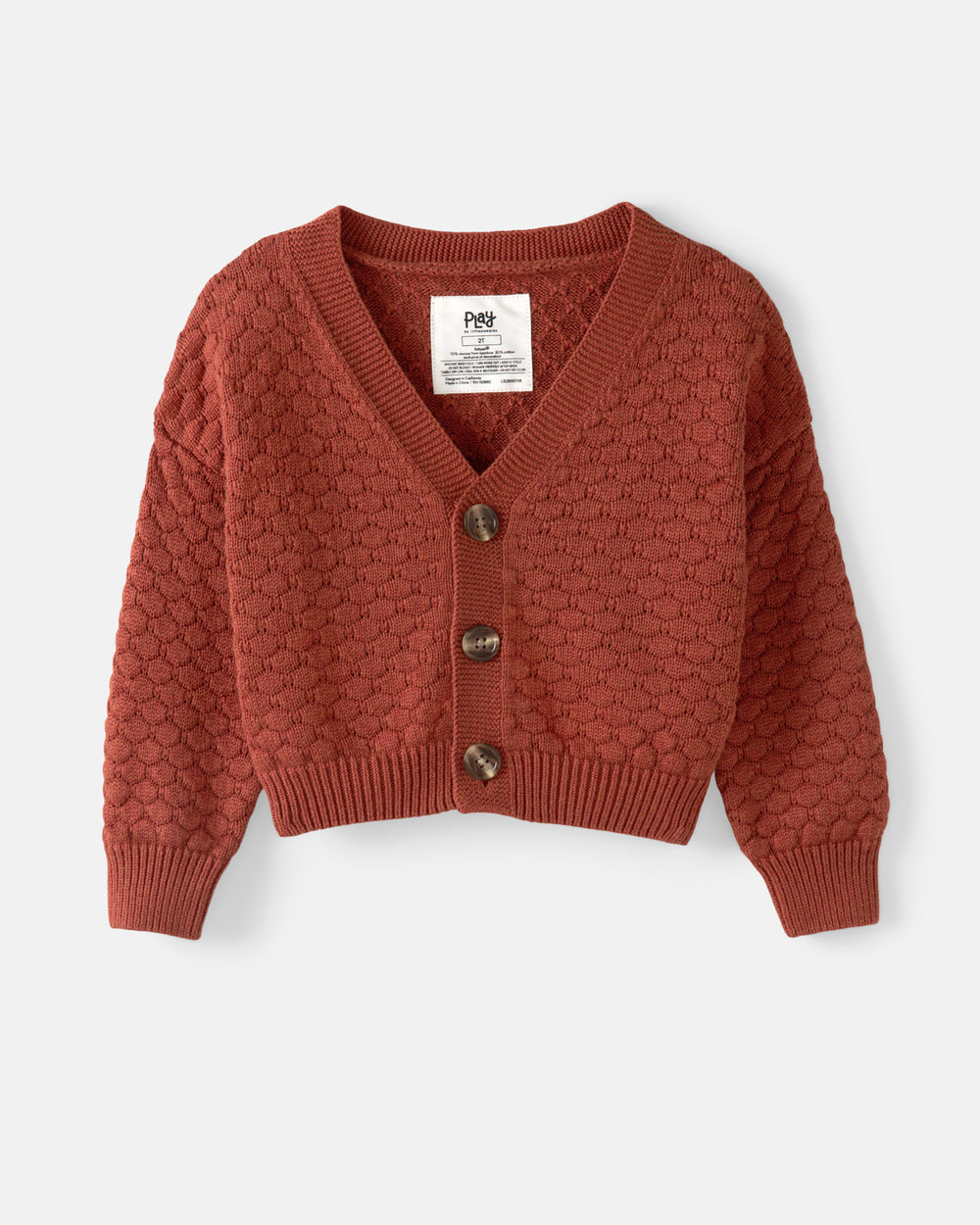 A terracotta-colored knit cardigan sweater with a textured honeycomb pattern, featuring a V-neck, long sleeves, and three dark brown buttons, laid flat on a light gray background.