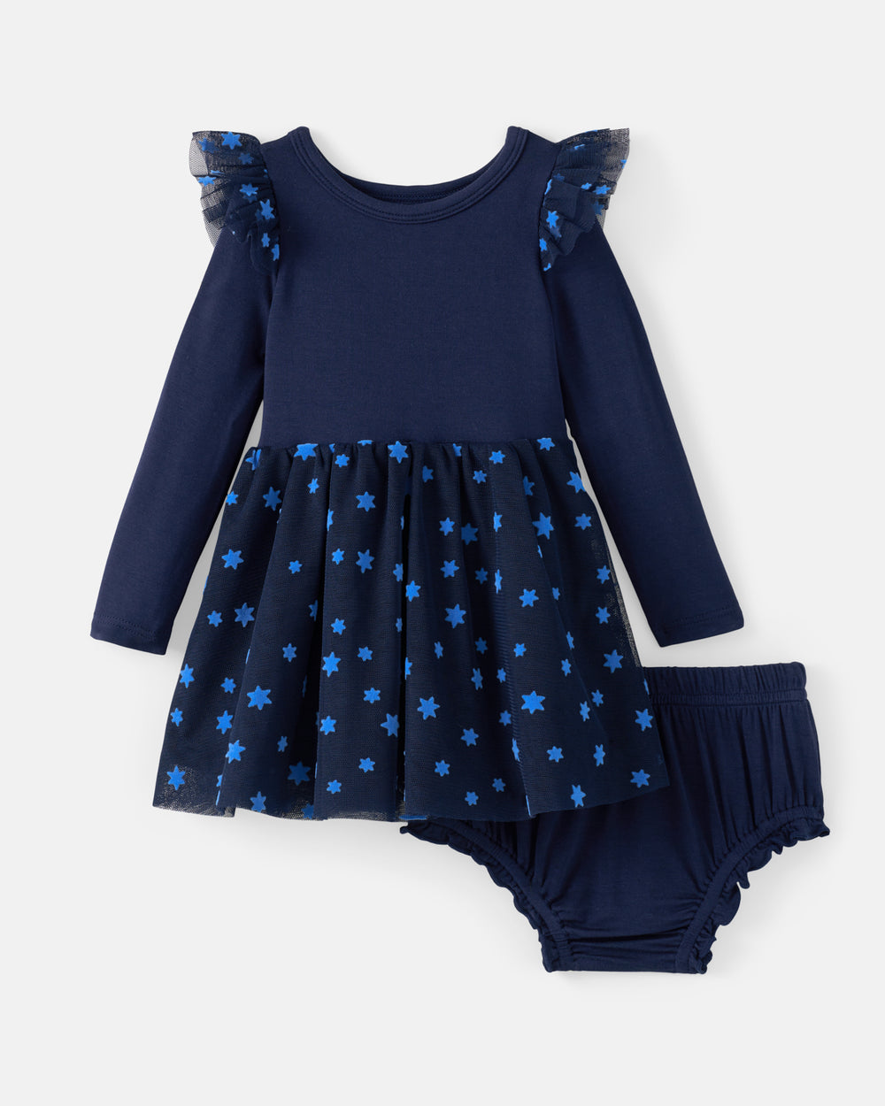 Flat lay of the Hanukkah Night Sky Flutter Tutu Dress with Bloomer