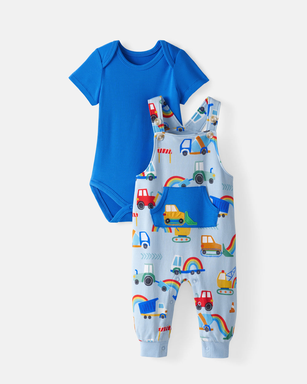 Flat lay of the Rainbow Trucks Overall Set showing the bodysuit separate 
