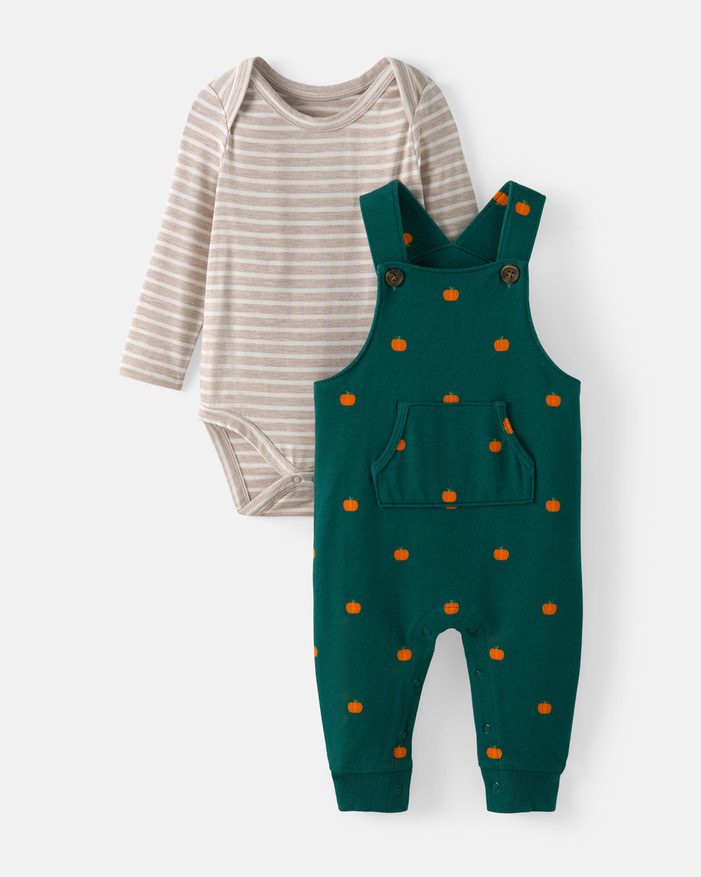 Flat lay of the Mini Pumpkins Overall Bodysuit Set