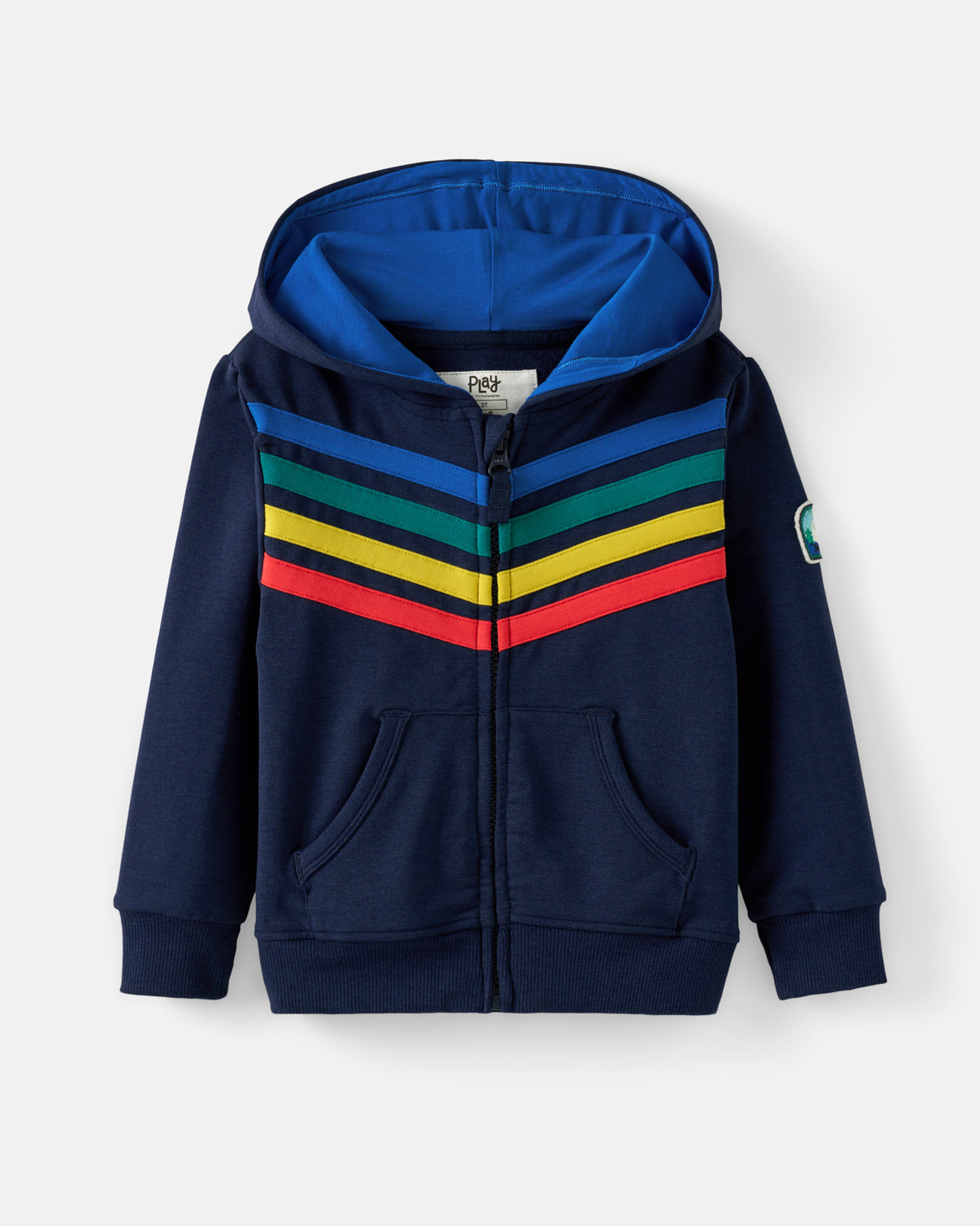 A navy blue zip-up hoodie for kids, featuring a colorful chevron stripe pattern across the chest in blue, green, yellow, and red, with a solid blue hood lining and front pockets.
