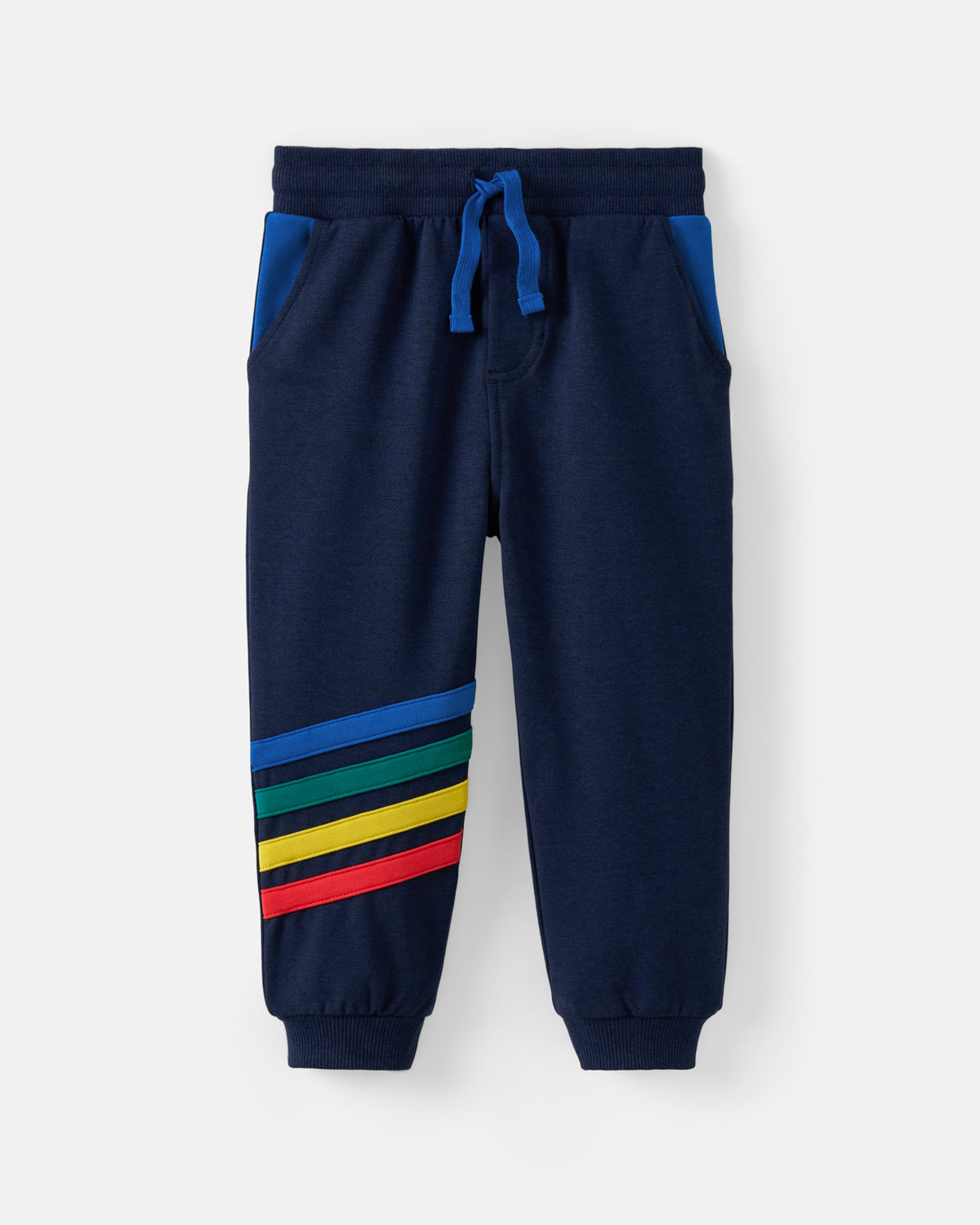 A pair of navy blue jogger sweatpants with bright blue side panel accents, a matching blue drawstring, and diagonal stripes in blue, green, yellow, and red on the lower left leg, shown against a light gray background.