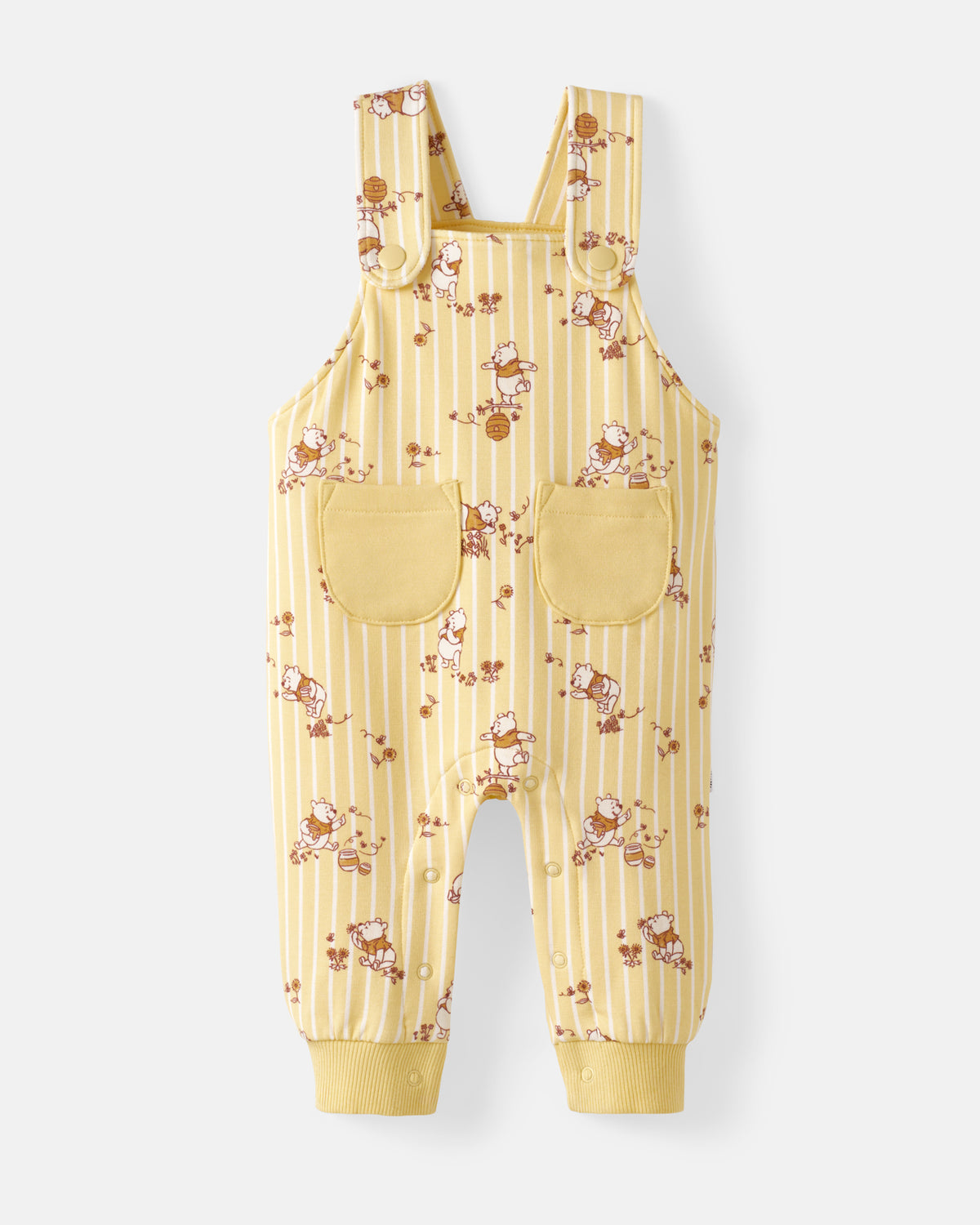 A baby's yellow and white striped overall romper with a brown cartoon bee pattern, featuring two front patch pockets and adjustable shoulder straps, shown flat on a light gray background.