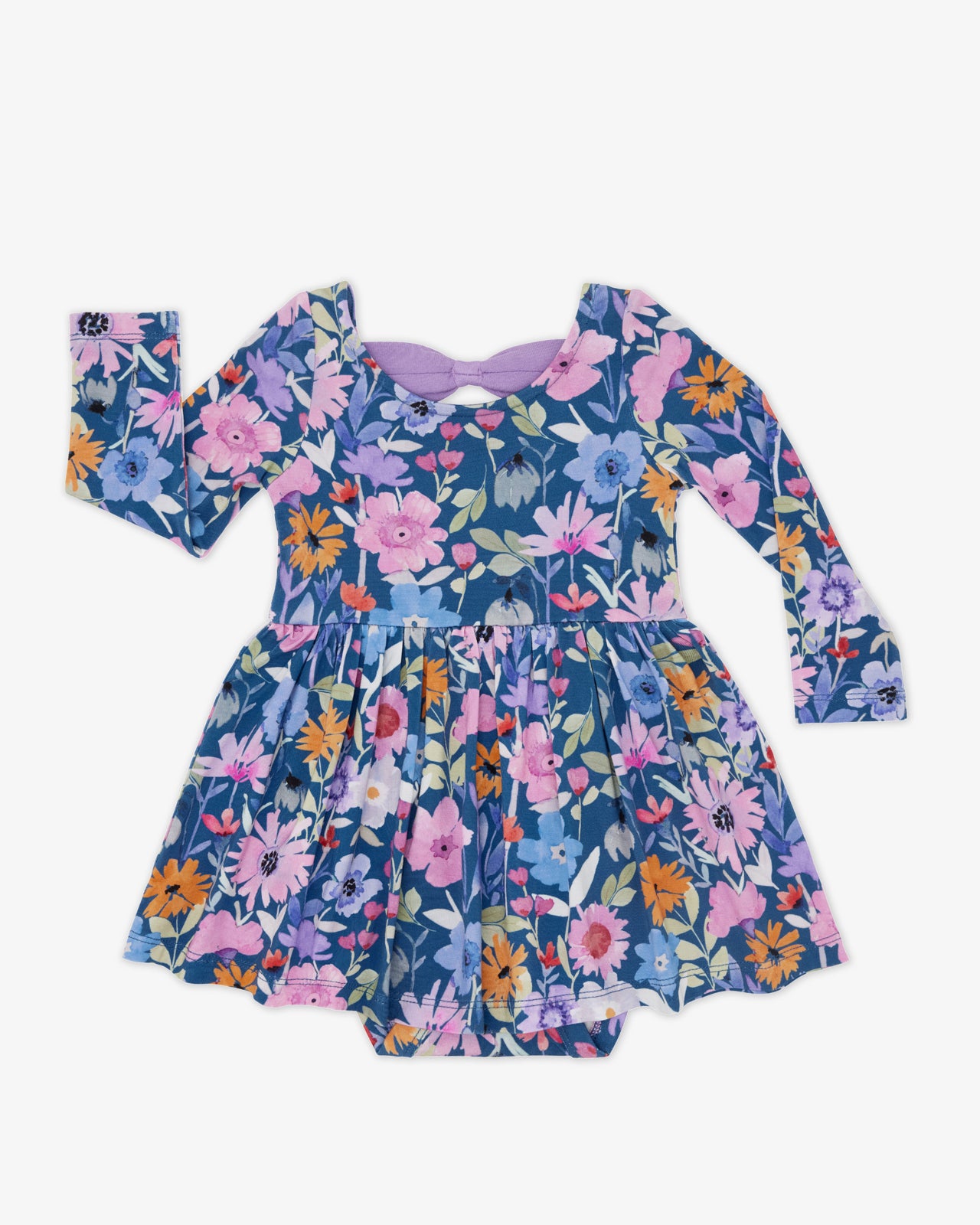 Flat lay of the Dusk Blooms Bow Back Skater Dress with Bodysuit