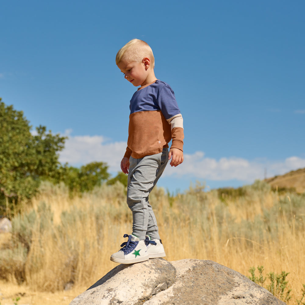 Boy outdoors standing on top of a rock while wearing the Caramel Colorblock Relaxed Panel Tee and Heather Gray Joggers