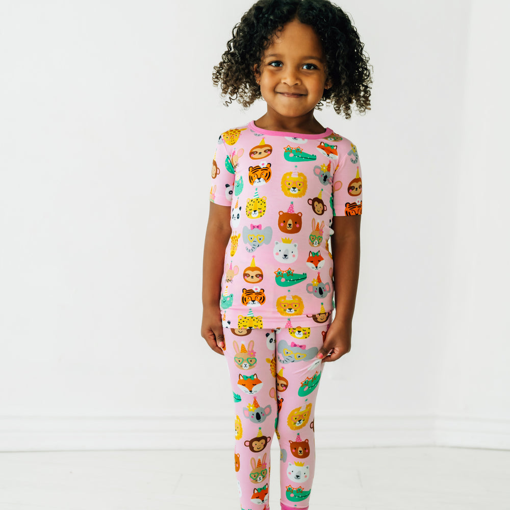 Alternate image of a child posing wearing Pink Party Pals two piece short sleeve pj set
