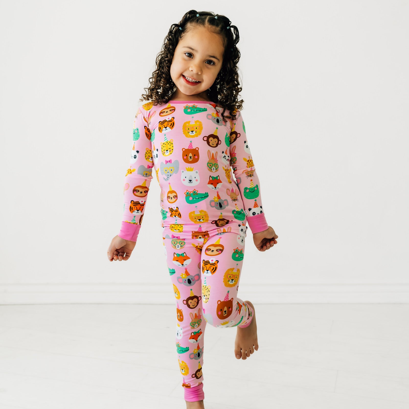 Alternate image of a child posing wearing a Pink Party Pals two piece pj set
