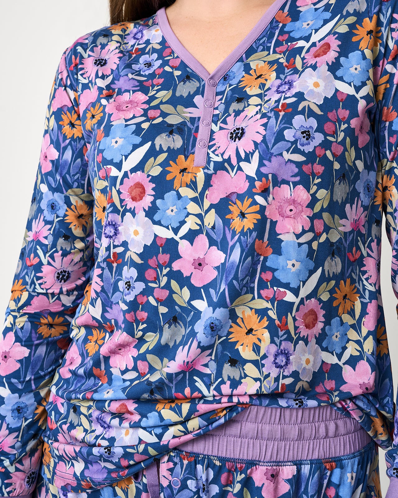 Close up of woman wearing the Dusk Blooms Women's Pajama Top