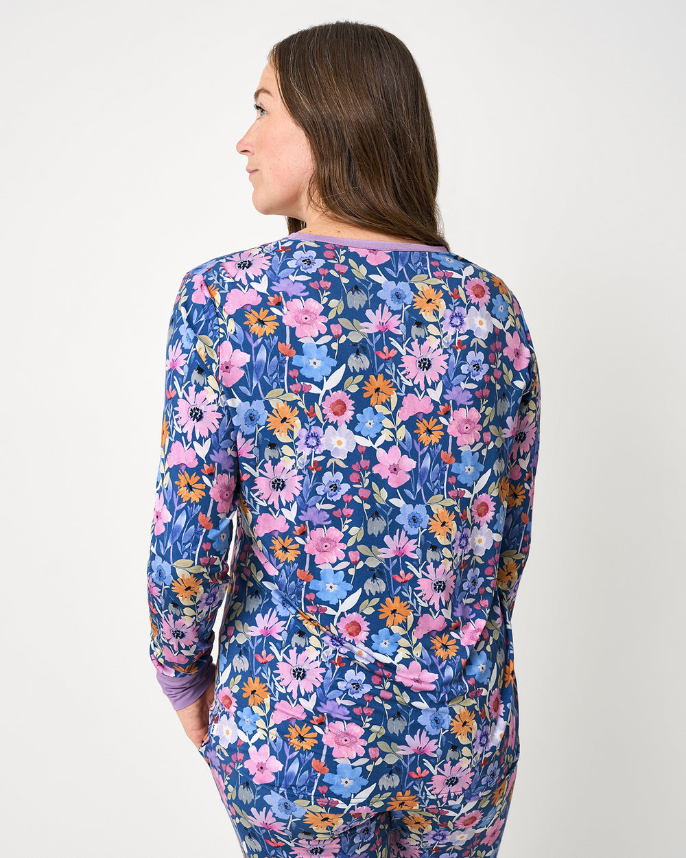 Back view of woman wearing the Dusk Blooms Women's Pajama Top
