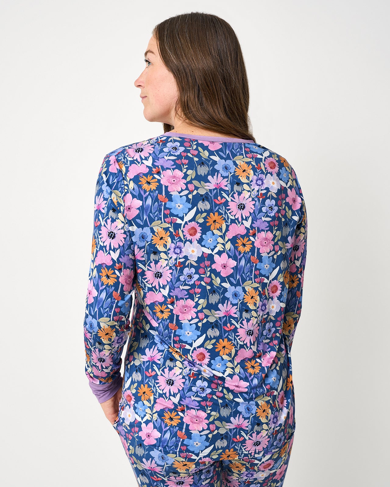 Back view of woman wearing the Dusk Blooms Women's Pajama Top
