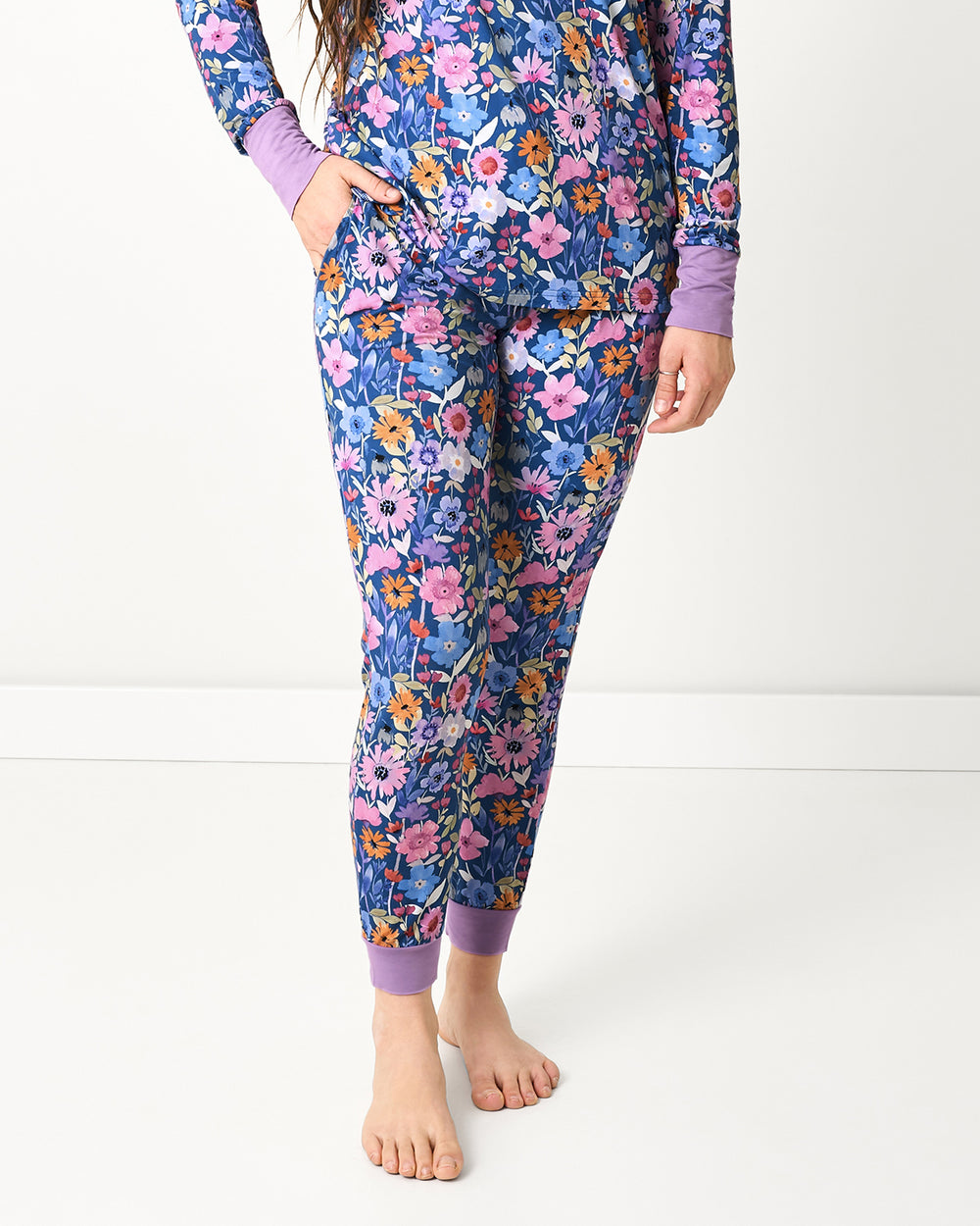Woman wearing the Dusk Blooms Women's Pajama Pants