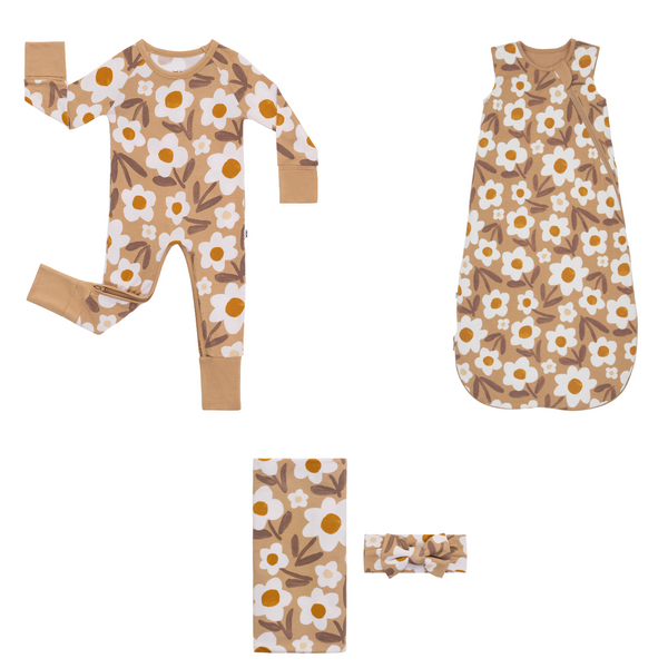 Flat lay composite of a Daisy Daydream crescent zippy, sleepy bag, and swaddle & luxe bow headband set