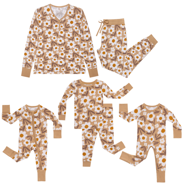 flat lay composite of a daisy daydream zippy, two-piece pajama set, crescent zippy, and women's pajamas