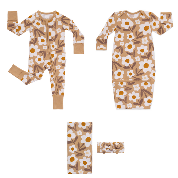 flat lay composite of a daisy daydream zippy, infant gown, and swaddle & luxe bow headband set