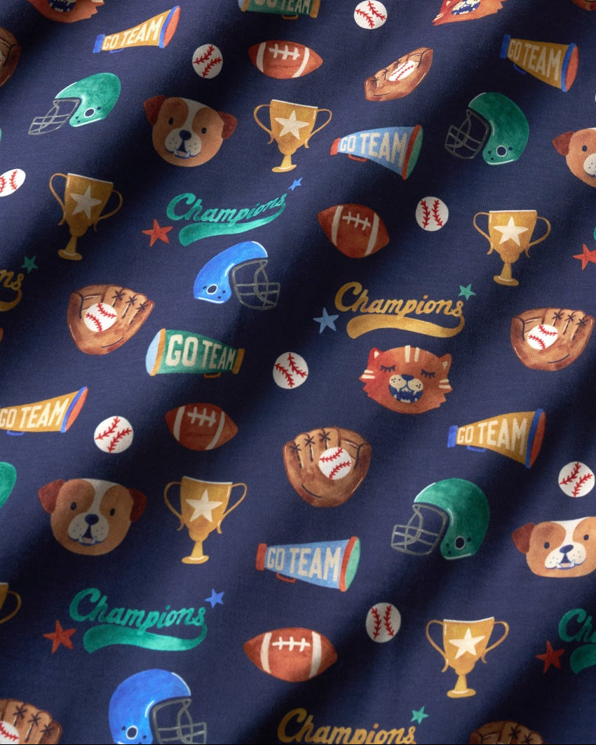 Close up of the Team Spirit pajama fabric