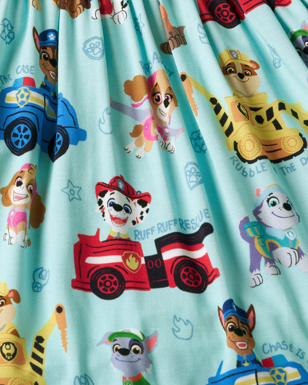 Close up of the fabric on the PAW Patrol Adventure Bay Heroes Skater Dress